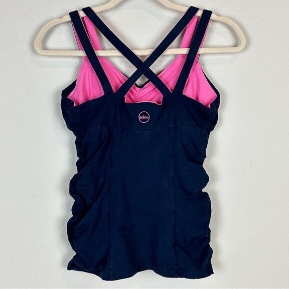 Solow Shirred Cross Back Strap Yoga Tank Top Navy M - Picture 6 of 6